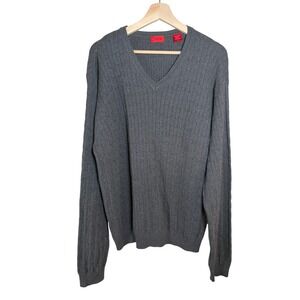 IZOD Mens XL V-Neck Cable Knit Sweater Charcoal Grey 100% Cotton Long Sleeve